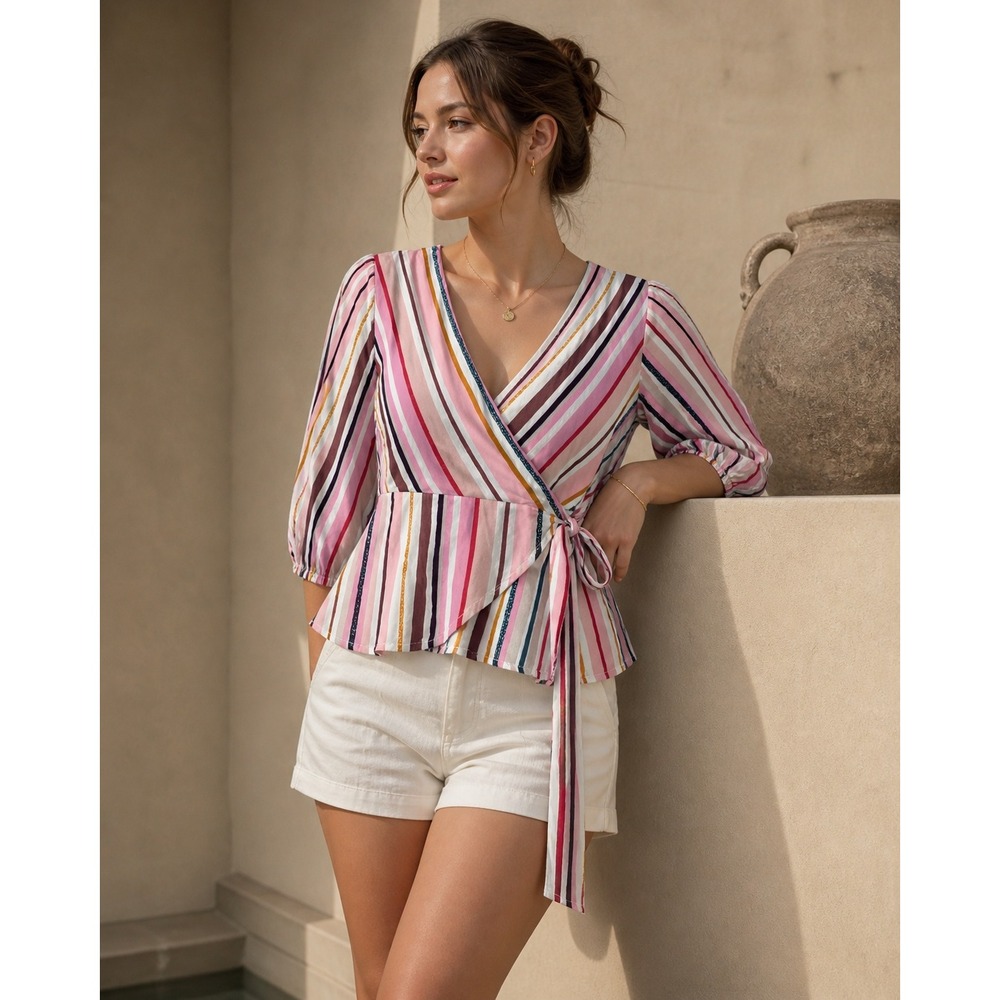 Harper Heritage Wrap Top Women Small Striped Boho V-Neck Pink Multi